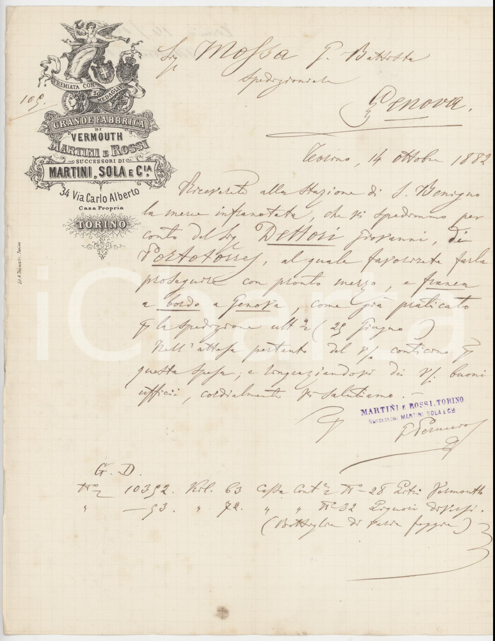 1882 TORINO Fabbrica vermouth MARTINI & ROSSI - Lettera spedizione in Sardegna