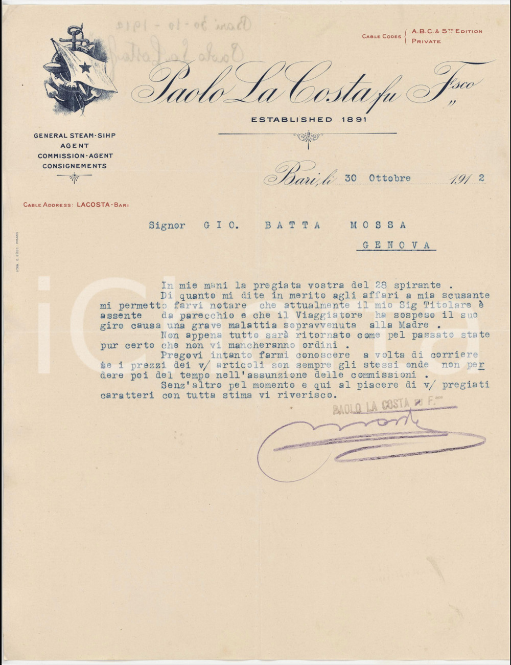1912 BARI - Paolo LA COSTA fu Francesco General steam-ship agent - Lettera Lettera commerciale d'epoca dattiloscritta, su carta intestata.PAGINE: 1 FAIR/discreto piegature d'epoca Formato: 22x28 cm originale e autentica 1