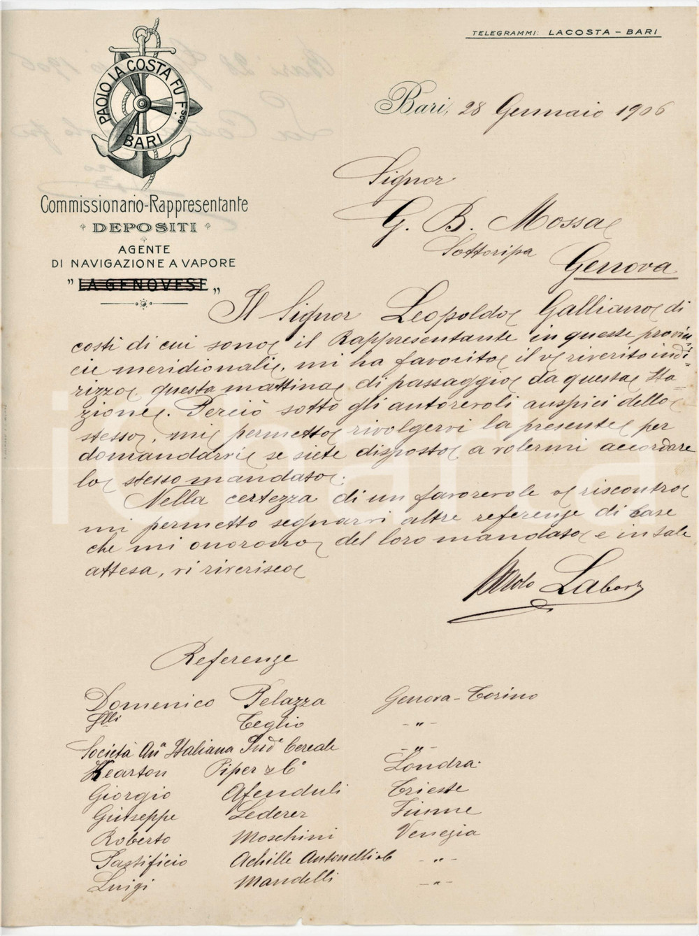 1906 BARI Paolo LA COSTA Commissionario - Navigazione a vapore - Lettera