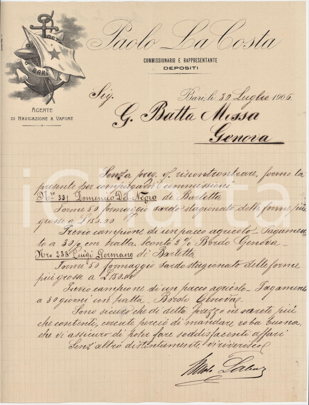 1906 BARI Paolo LA COSTA Agente navigazione a vapore - Lettera per commissioni