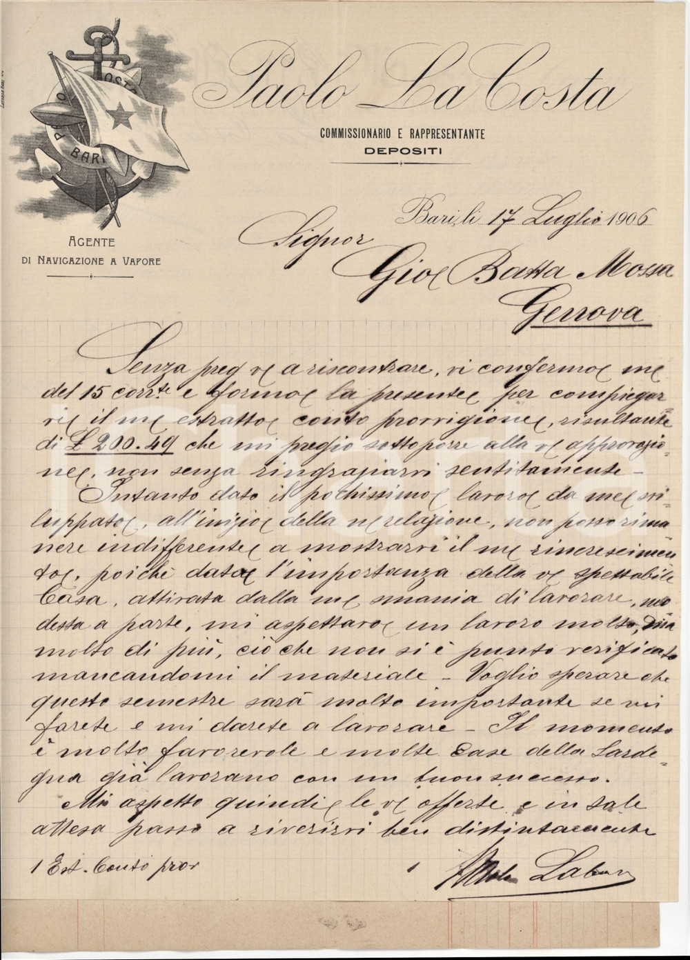 1906 BARI Paolo LA COSTA Agente navigazione a vapore - Lettera per scarso lavoro