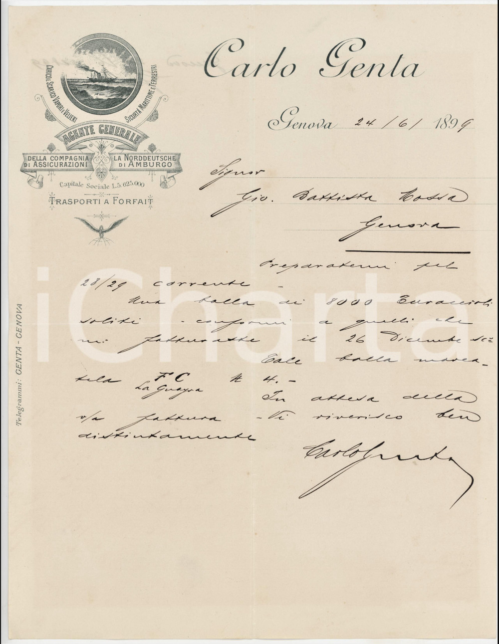 1899 GENOVA - Carlo GENTA Agente Assicurazioni NORDDEUTSCHE *Lettera commerciale Lettera commerciale d'epoca manoscritta, su carta intestata.PAGINE: 1 FAIR/discreto piegature d'epoca Formato: 21x28 cm originale e autentica 1