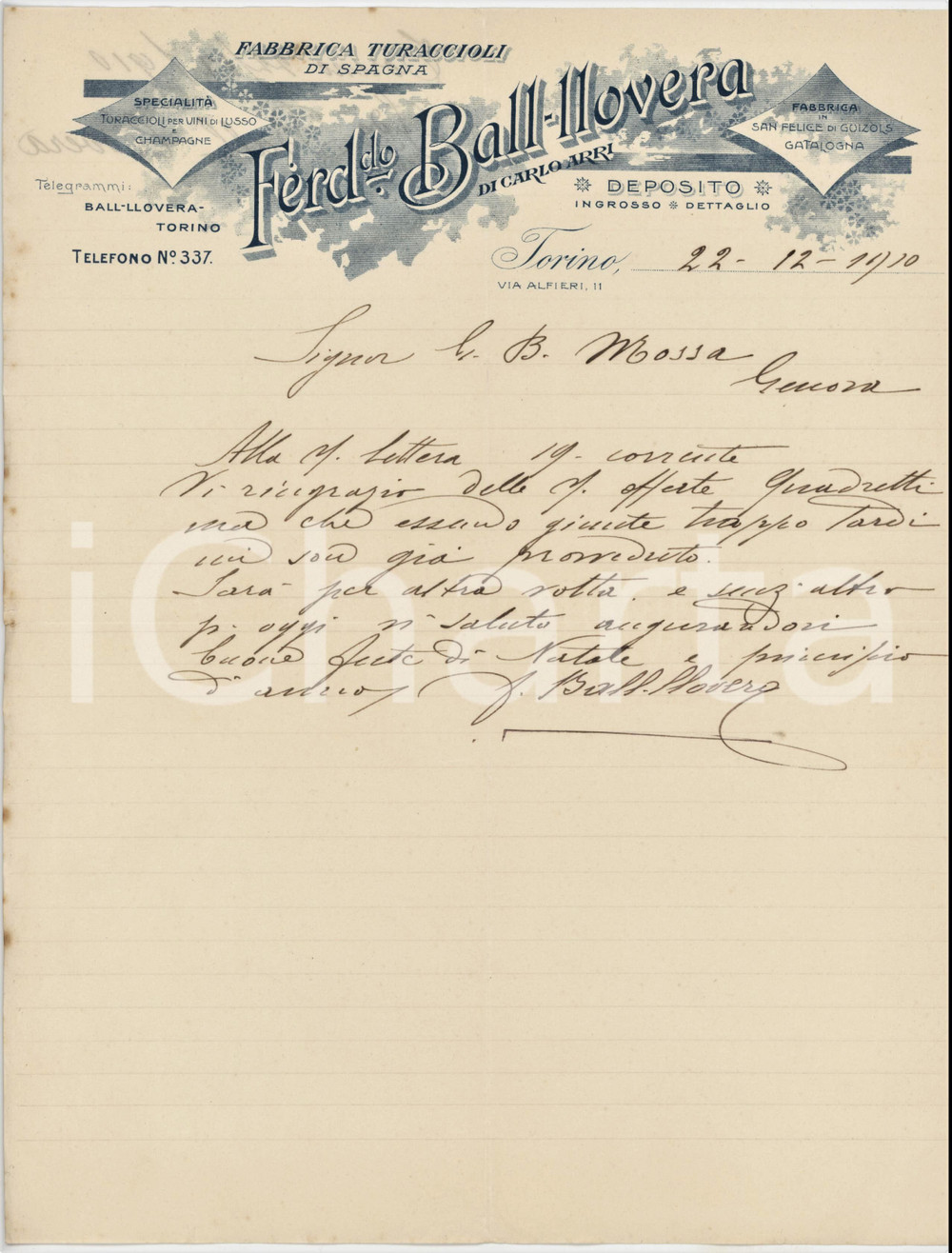 1910 TORINO Via Alfieri 11 - Ferdinando BALL-LLOVERA Turaccioli - Lettera (2) Lettera commerciale d'epoca manoscritta, su carta intestata.PAGINE: 1 FAIR/discreto piegature d'epoca; lievi fioriture; millimetrici strappi al lato sinistro Formato: 22x28 cm originale e autentica 1
