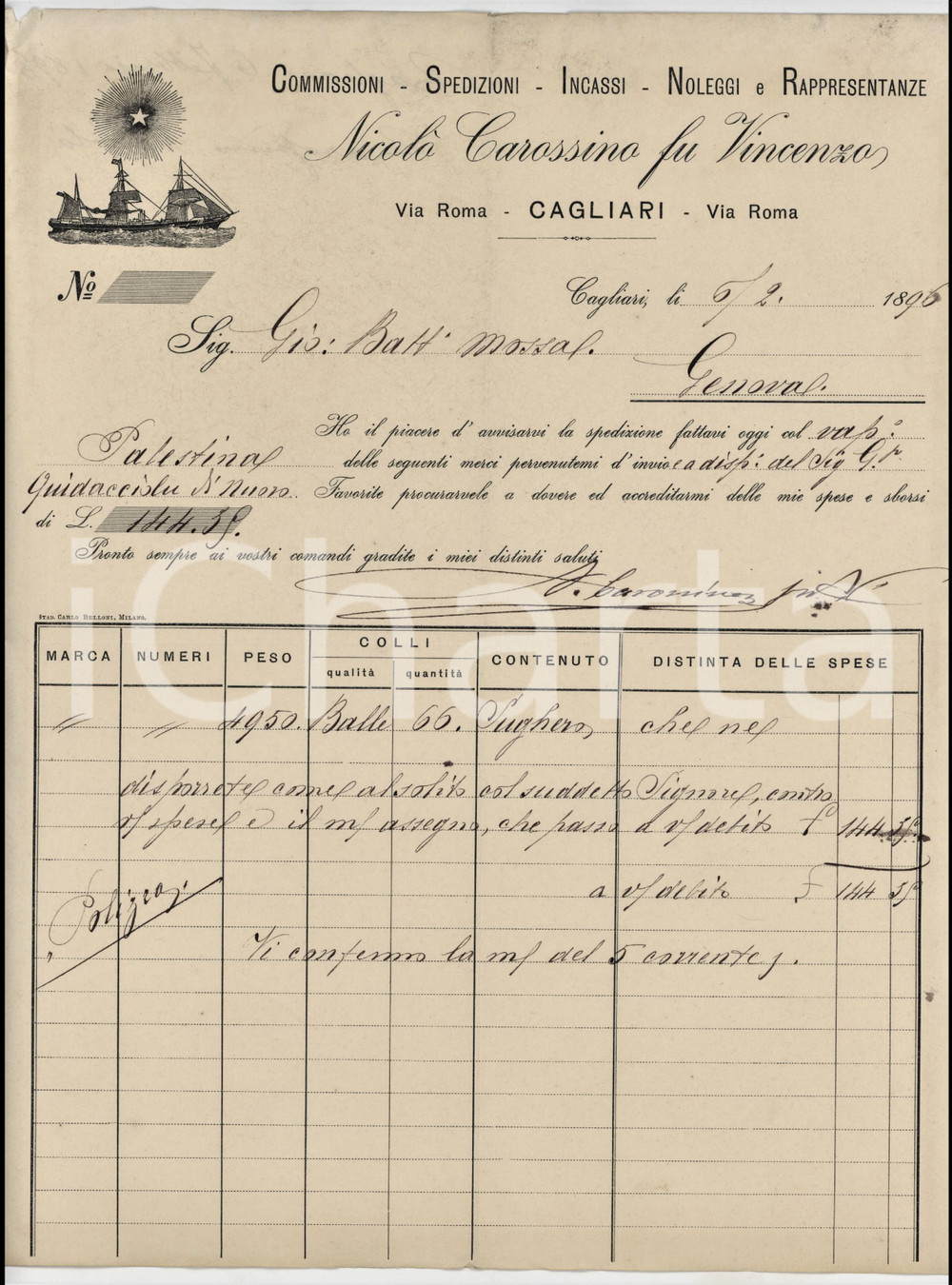 1896 CAGLIARI Via Roma - NicolÃ² CAROSSINO fu Vincenzo *Fattura invio sughero Fattura commerciale d'epoca manoscritta, su carta intestata.PAGINE: 1 FAIR/discreto piegature d'epoca; piccoli strappi e minima mancanza al lato superiore Formato: 22x29 cm originale e autentica 1