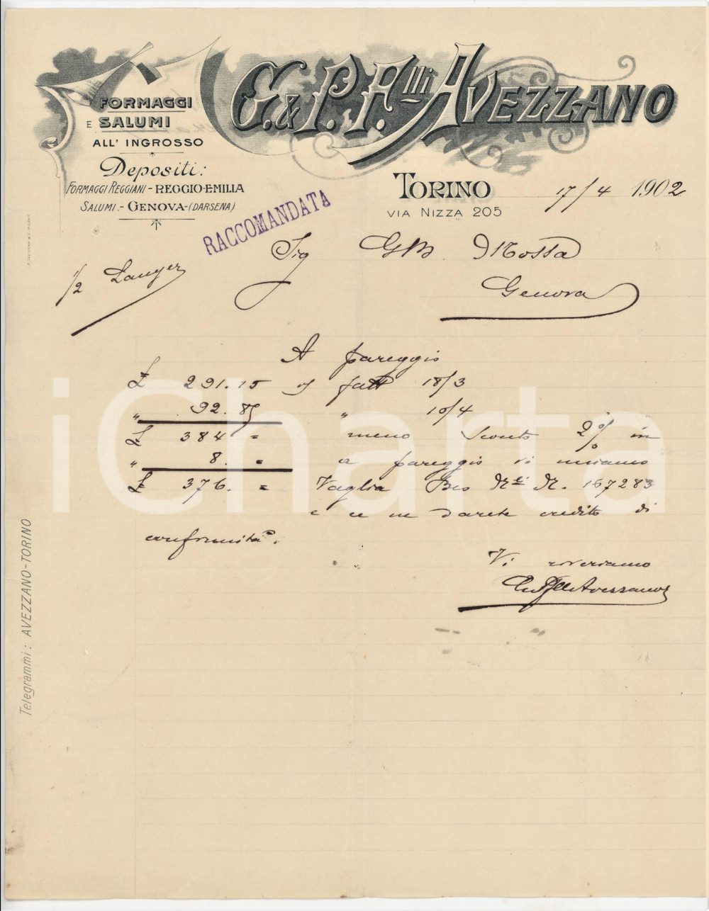1902 TORINO Via Nizza 205 - G. & P. F.lli AVEZZANO Formaggi Salumi - Conto (2) Conto manoscritto d'epoca, su carta intestata.PAGINE: 1 FAIR/discreto piegature d'epoca; piccoli fori da archiviazione Formato: 22x27 cm originale e autentica 1