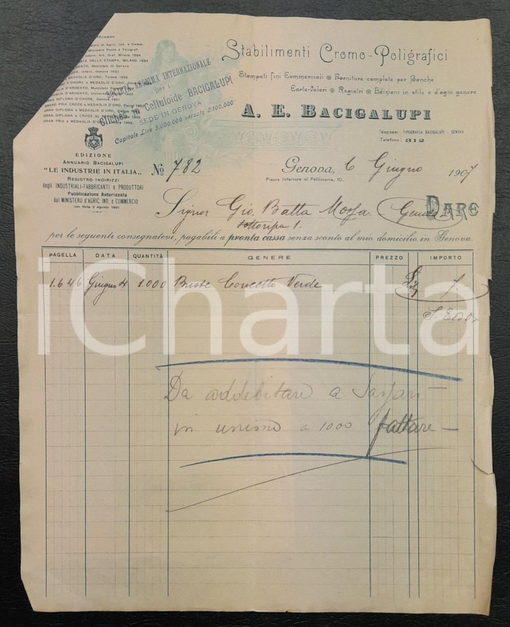 1907 GENOVA Piazza Inferiore di Pellicceria A. E. BACIGALUPI - Fattura per buste Fattura commerciale d'epoca manoscritta, su carta intestata. Unita ricevuta di pagamento.PAGINE: 1 POOR/danneggiato piegature d'epoca; strappi al lato destro; mancanza all'angolo inferiore sinistro Formato: 23x28 cm originale e autentica 1