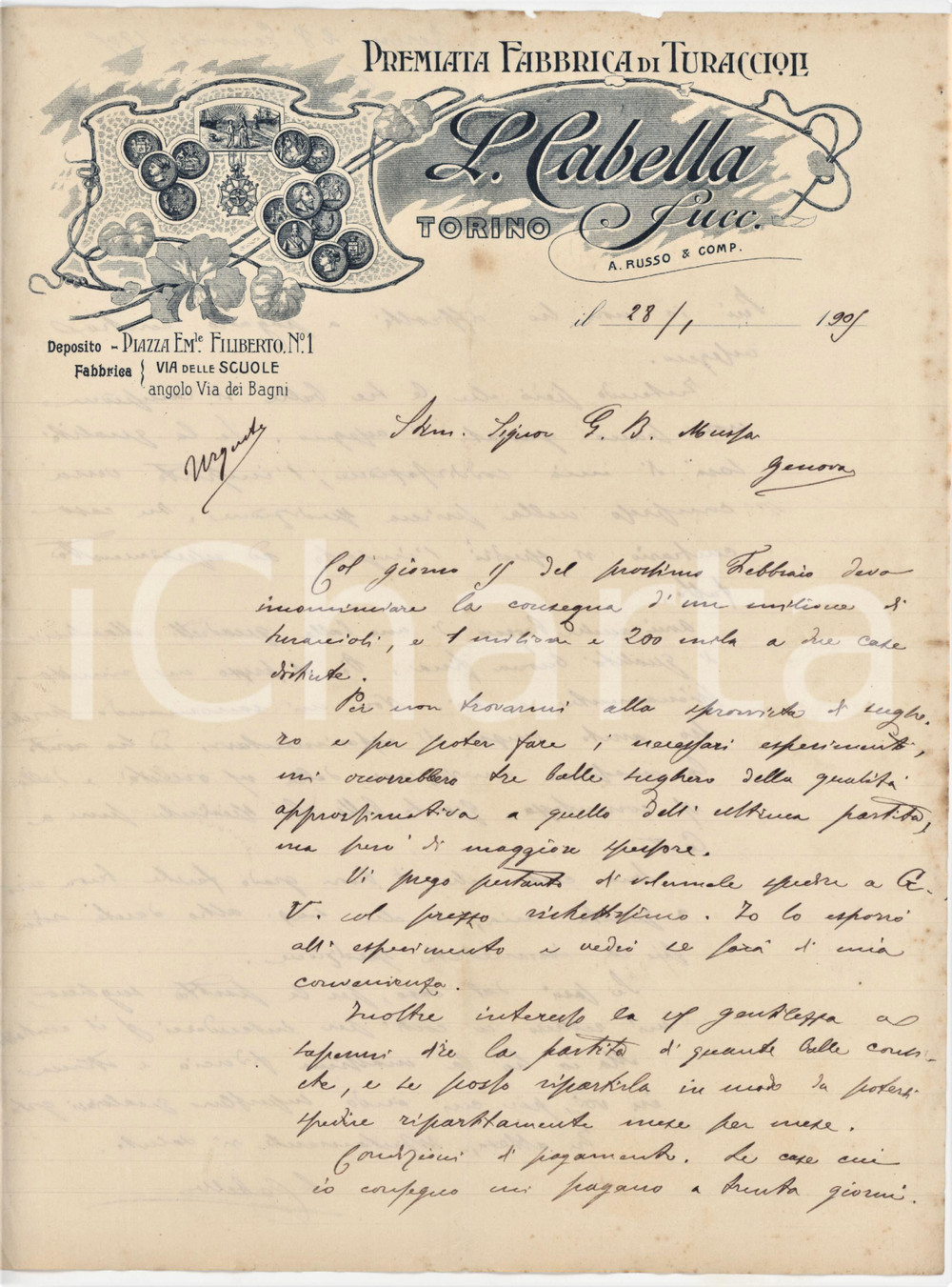 Documento originale, autentico 1909 TORINO P.zza Emanuele Filiberto L. CABELLA Succ. A. Russo & Comp.  Fattura 1