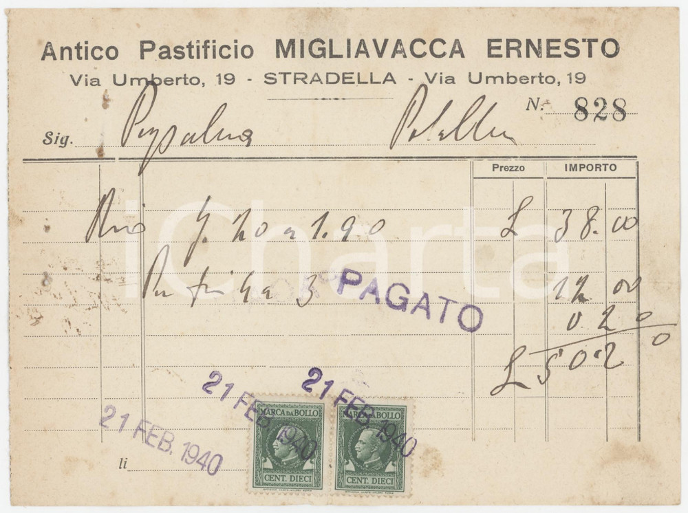 1940 STRADELLA (PV) - Ernesto MIGLIAVACCA Antico Pastificio - Fattura