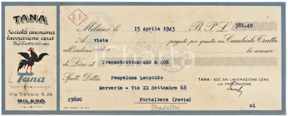 1943 MILANO - TANA Società Anonima Lavorazione Cera - Cambiale pubblicitaria (1) Cambiale pubblicitaria d'epoca. CONDIZIONI:FAIR/discreto piegature d'epoca; piccoli fori da spillatura; tracce di ruggine da preesistenti punti metallici; fioritureFORMATO: 25x10 cm originale e autentica 1