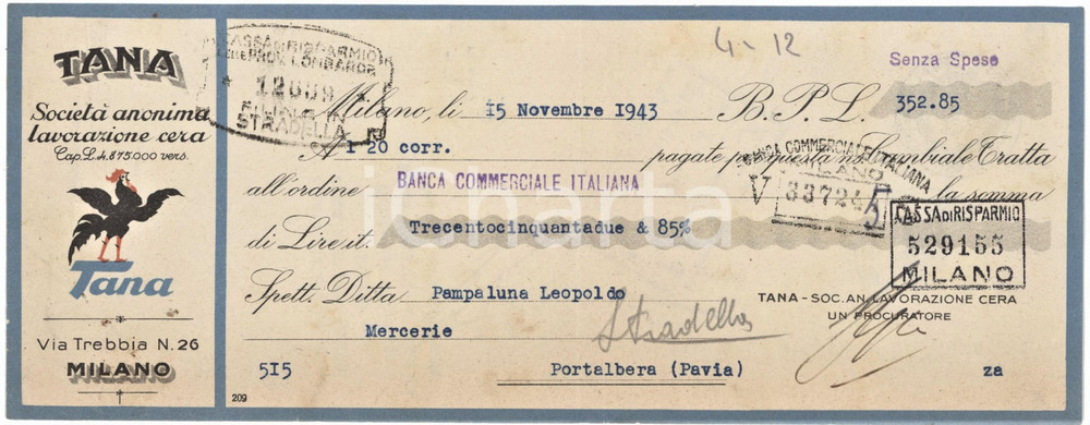 1943 MILANO - TANA Società Anonima Lavorazione Cera - Cambiale pubblicitaria (2)