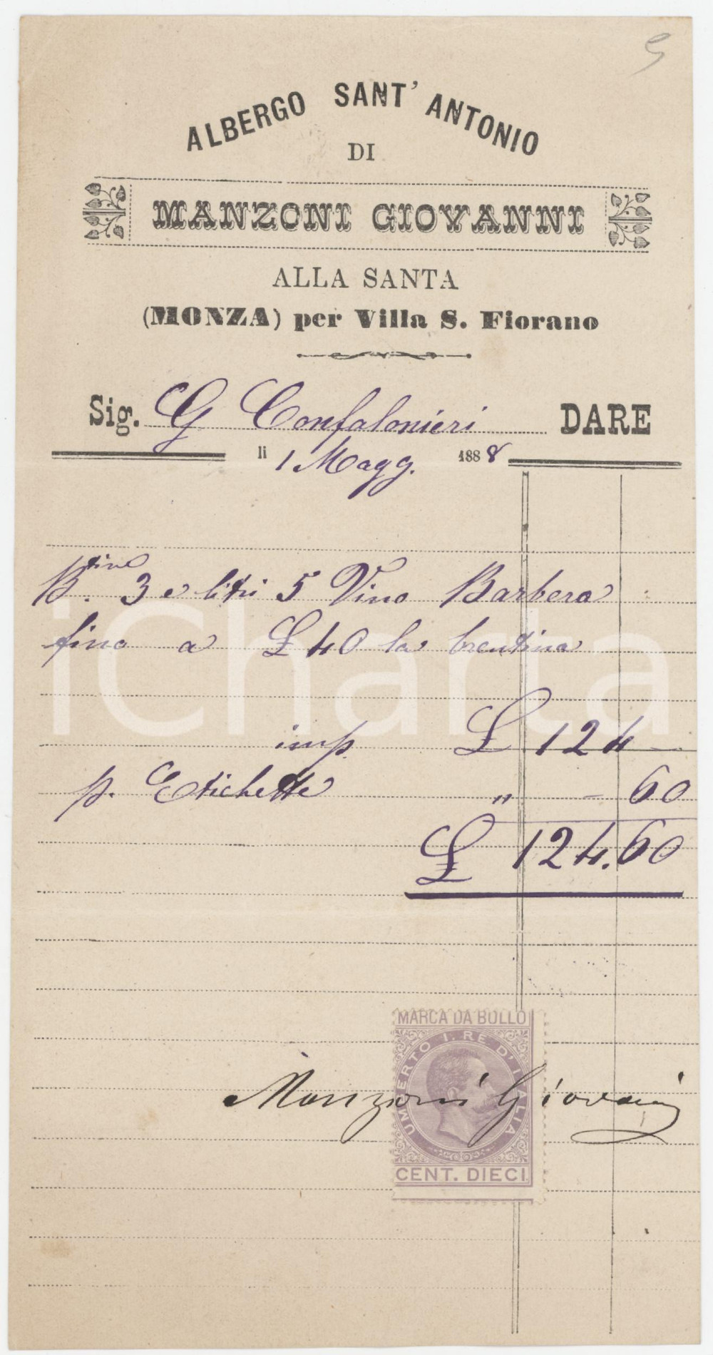 Documento originale, autentico 1888 VILLASANTA MB  Albergo Sant Antonio di Giovanni MANZONI  Fattura 1