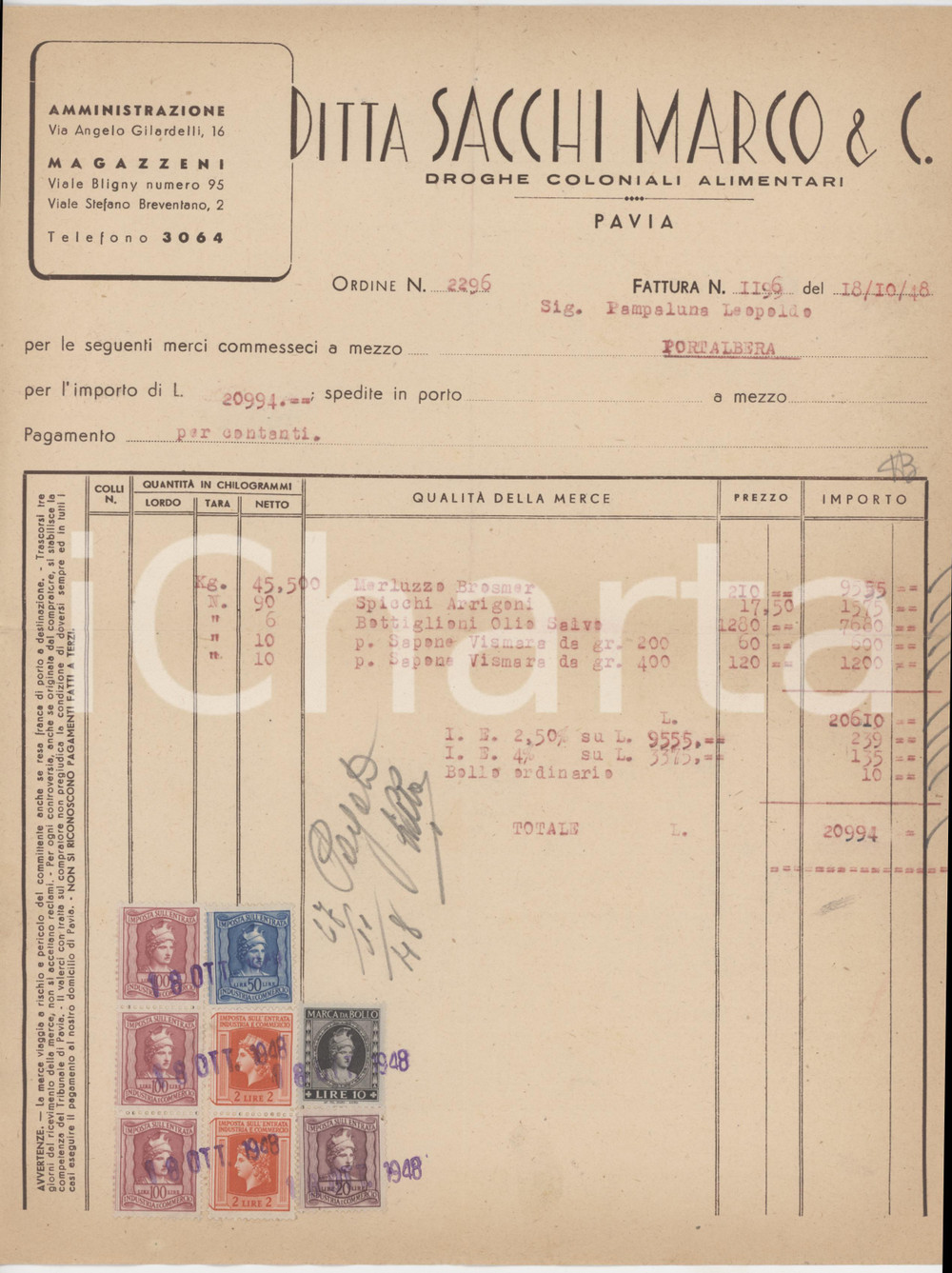 1948 PAVIA Via A. Gilardelli 16 - Ditta Marco SACCHI & C. Droghe - Fattura (1)