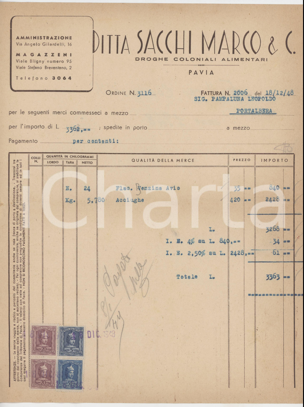 1948 PAVIA Via A. Gilardelli 16 - Ditta Marco SACCHI & C. Droghe - Fattura (2)