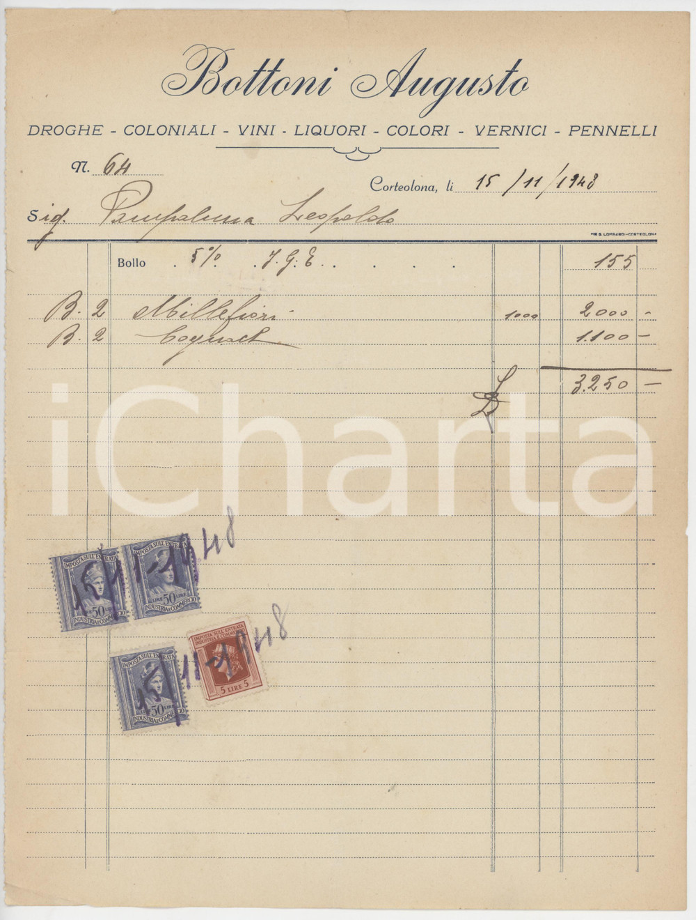 1948 CORTEOLONA E GENZONE (PV) Augusto BOTTONI Droghe Coloniali Vini - Fattura