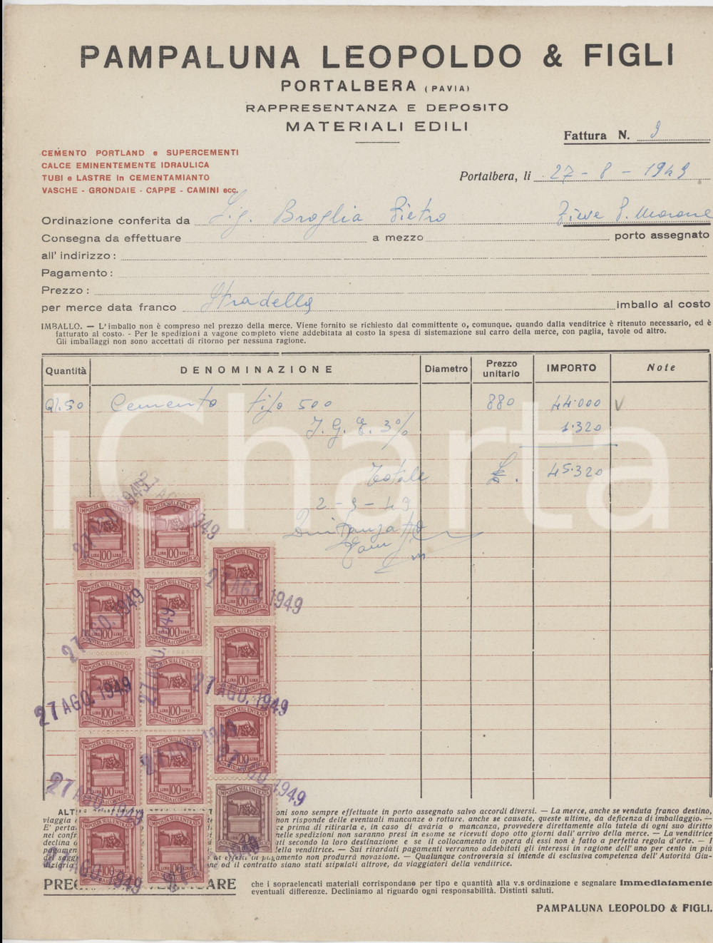1949 PORTALBERA (PV) - Leopoldo PAMPALUNA & Figli Materiali edili - Fattura (2)