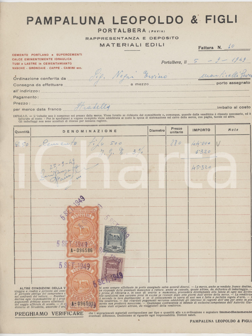 1949 PORTALBERA (PV) - Leopoldo PAMPALUNA & Figli Materiali edili - Fattura (1)