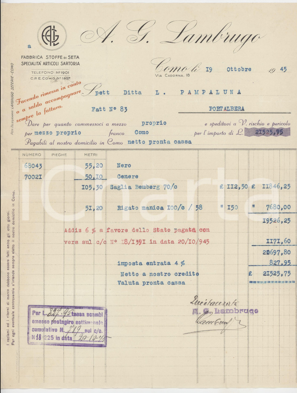 1945 COMO Via Cadorna 18 - A. G. LAMBRUGO Fabbrica stoffe di seta - Fattura