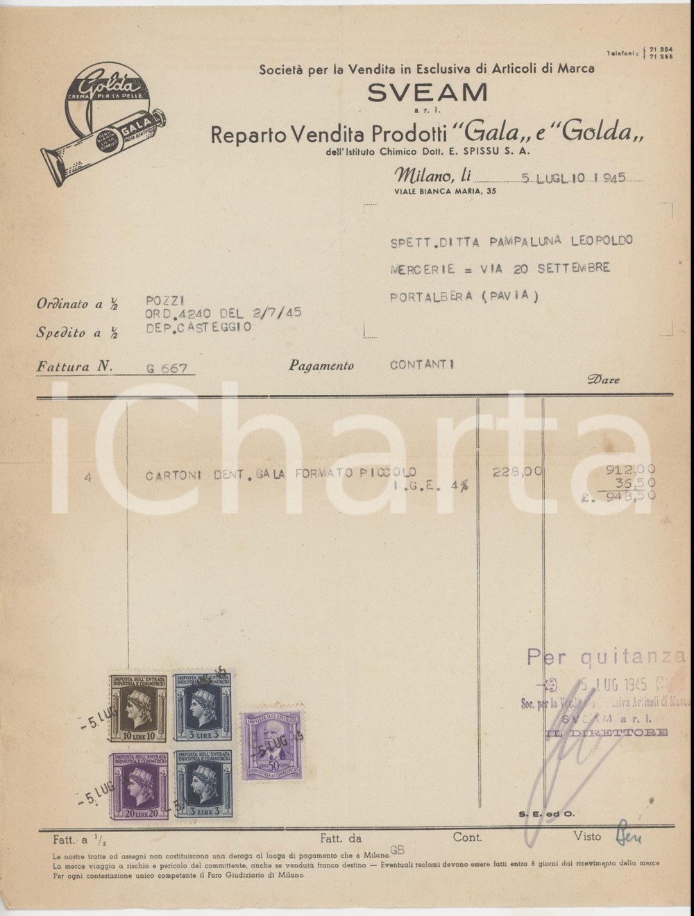 1945 MILANO V.le Bianca Maria 35 - SVEAM Vendita prodotti GALA e GOLDA - Fattura