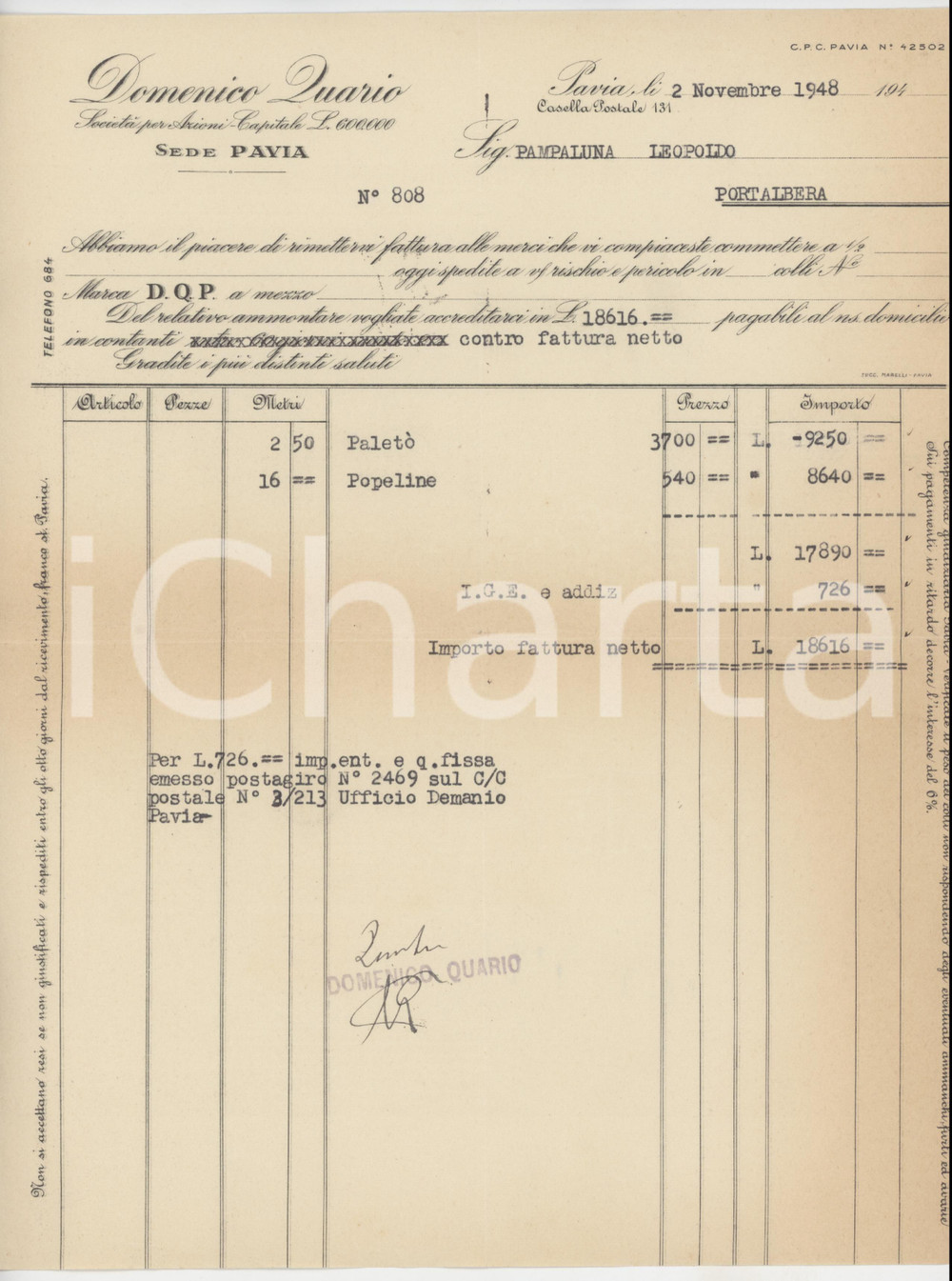 1948 PAVIA - Domenico QUARIO Società per Azioni - Fattura per tessuti