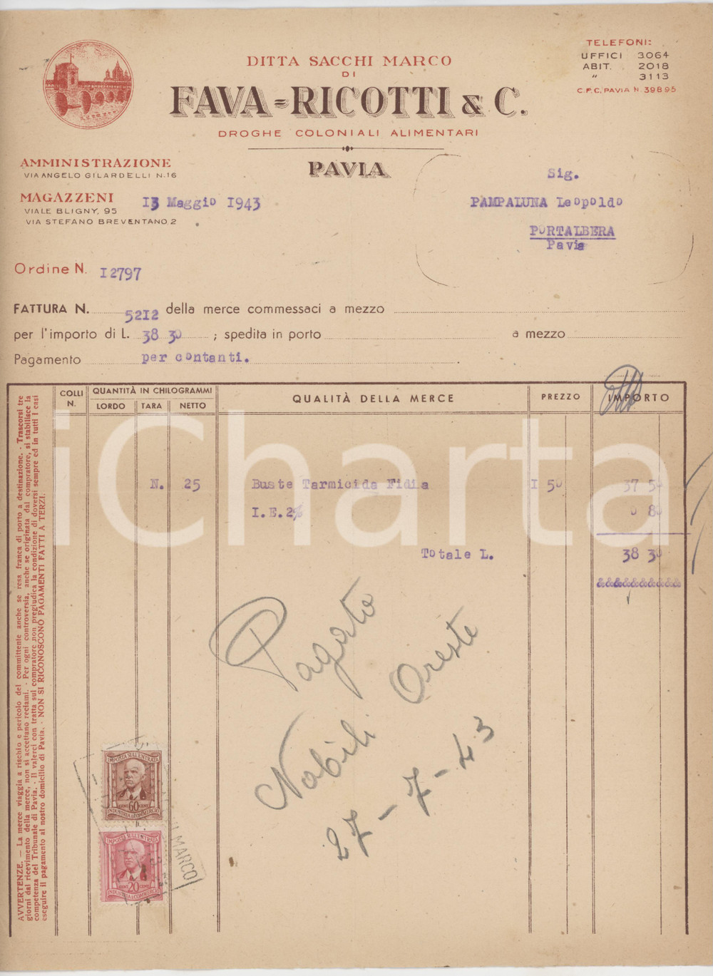 1943 PAVIA Via A. Gilardelli - Ditta Marco SACCHI di FAVA RICOTTI & C. - Fattura