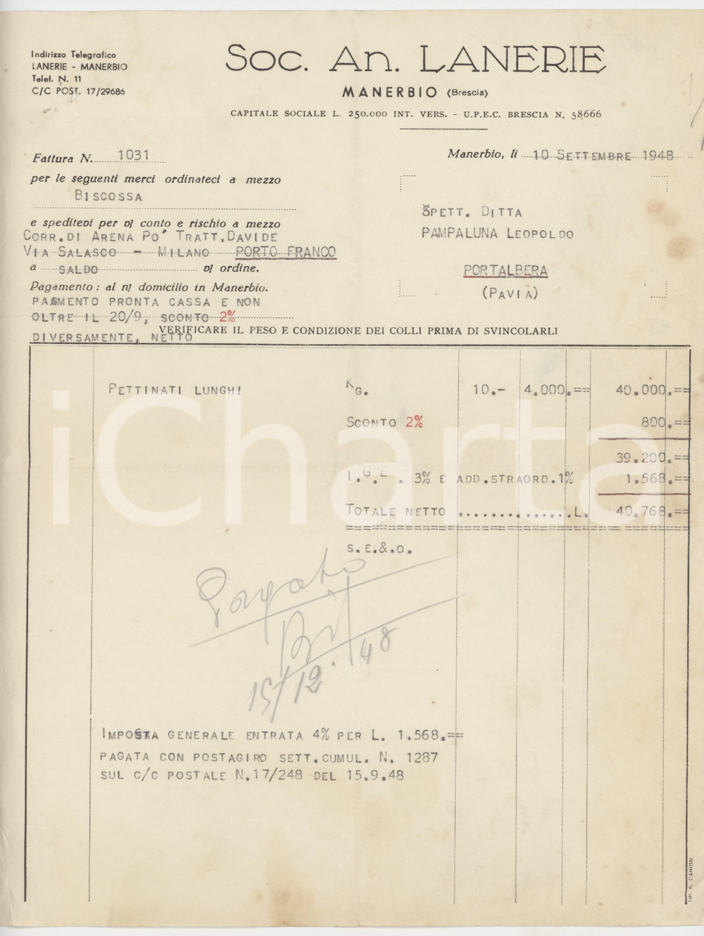 1948 MANERBIO (BS) Soc. An. LANERIE - Fattura per pettinati lunghi