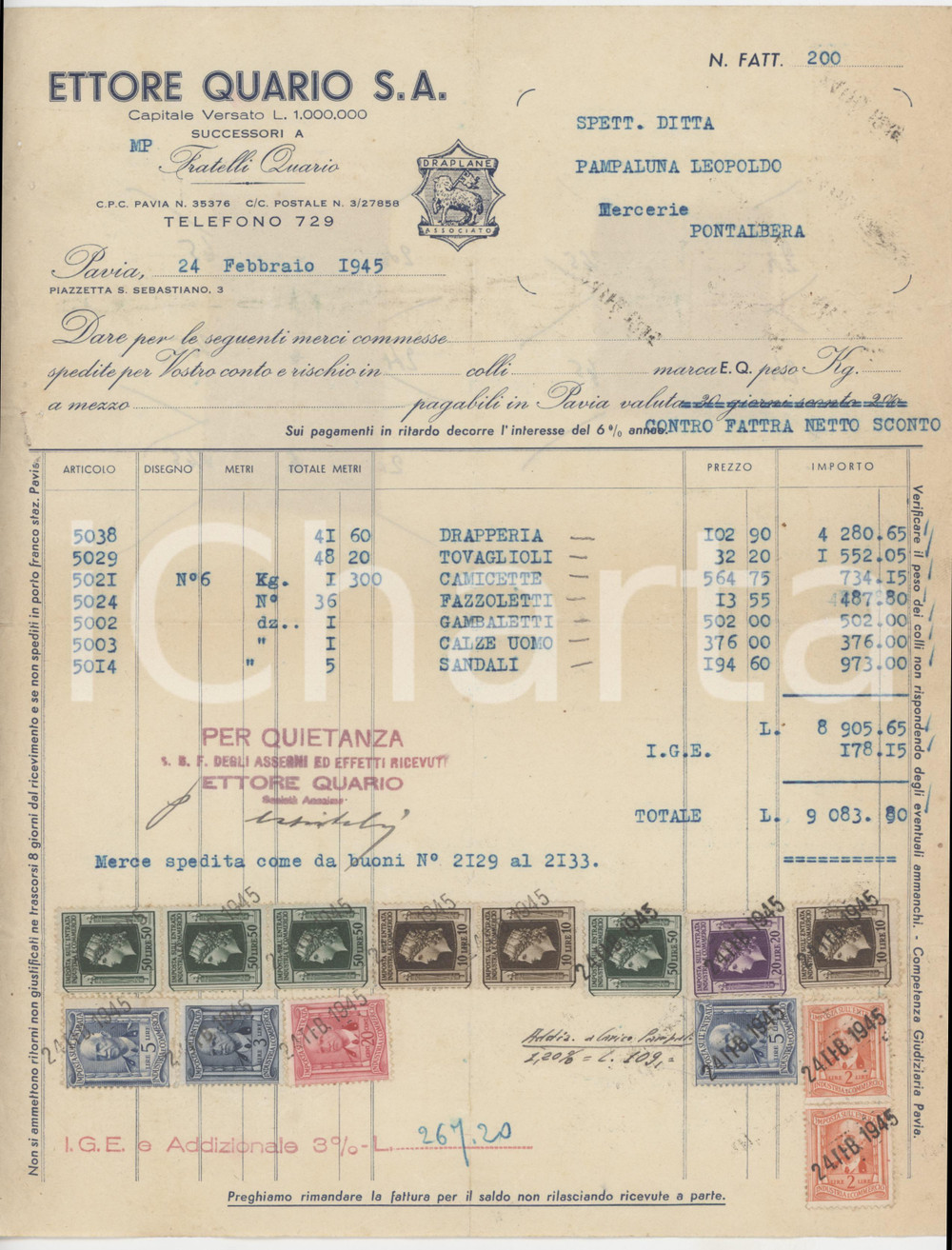 1945 PAVIA Piazzetta S. Sebastiano 3 - Ettore QUARIO S.A. Stoffe - Fattura