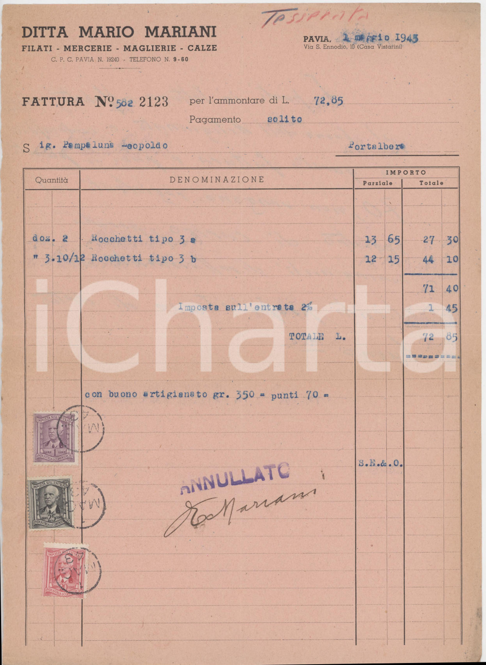 1943 PAVIA Via S. Ennodio 10 - Ditta Mario MARIANI Filati Mercerie - Fattura