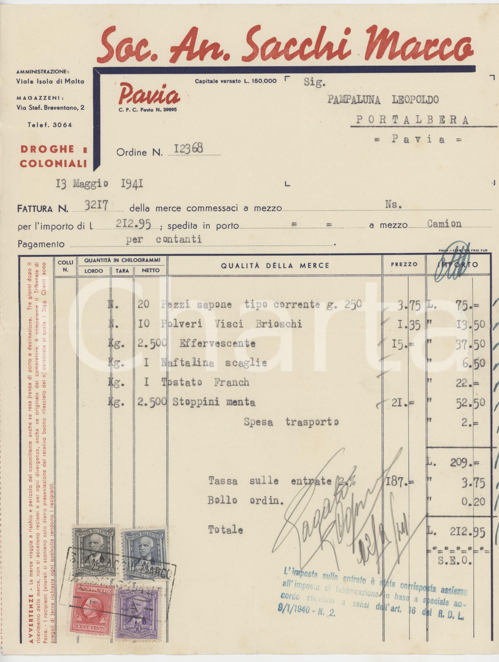 1941 PAVIA Viale Isola di Malta - Soc. An. Marco SACCHI Droghe - Fattura (1)