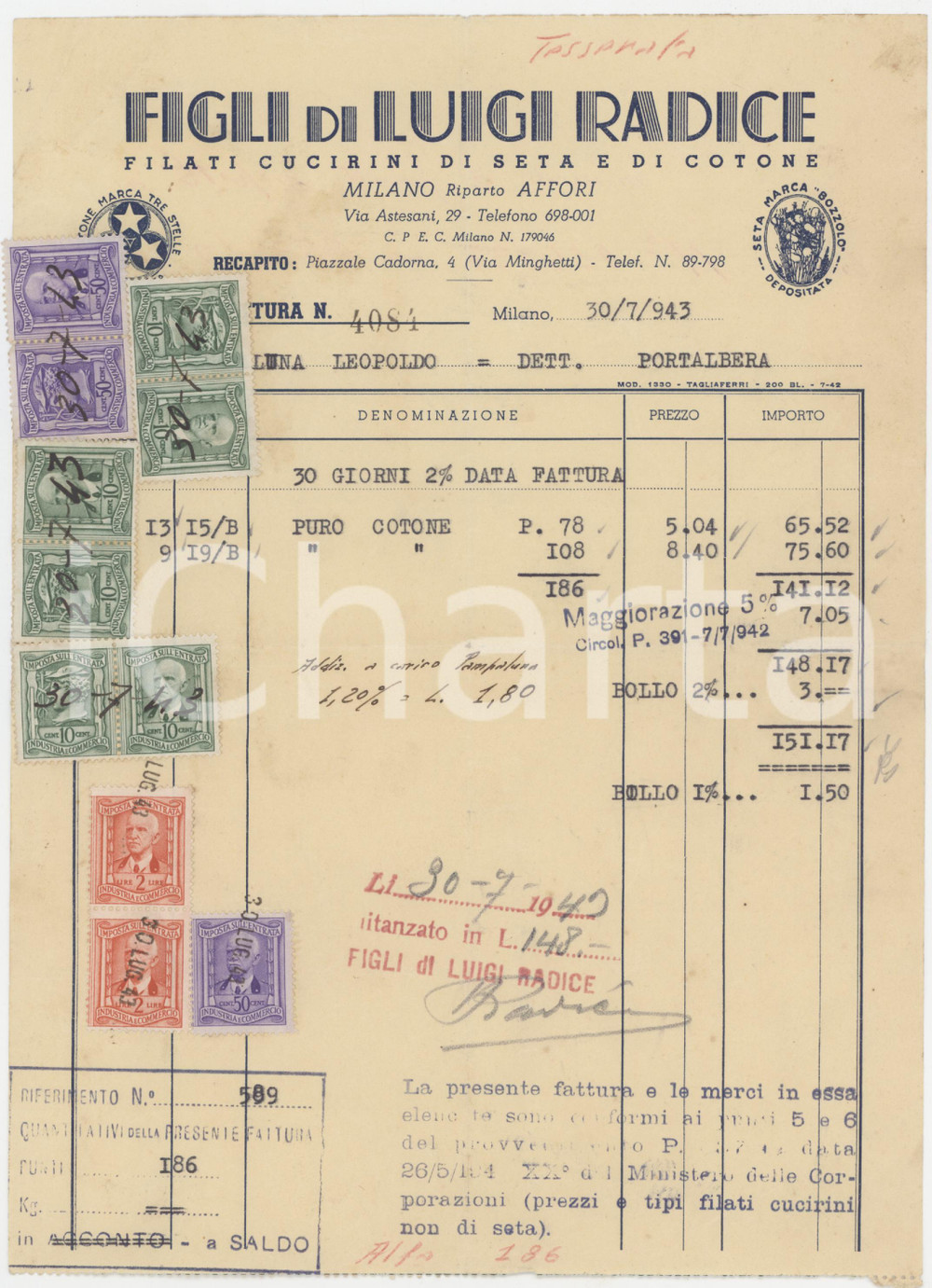 1943 MILANO Via Astesani 29 - Figli di Luigi RADICE Filati CUCIRINI - Fattura