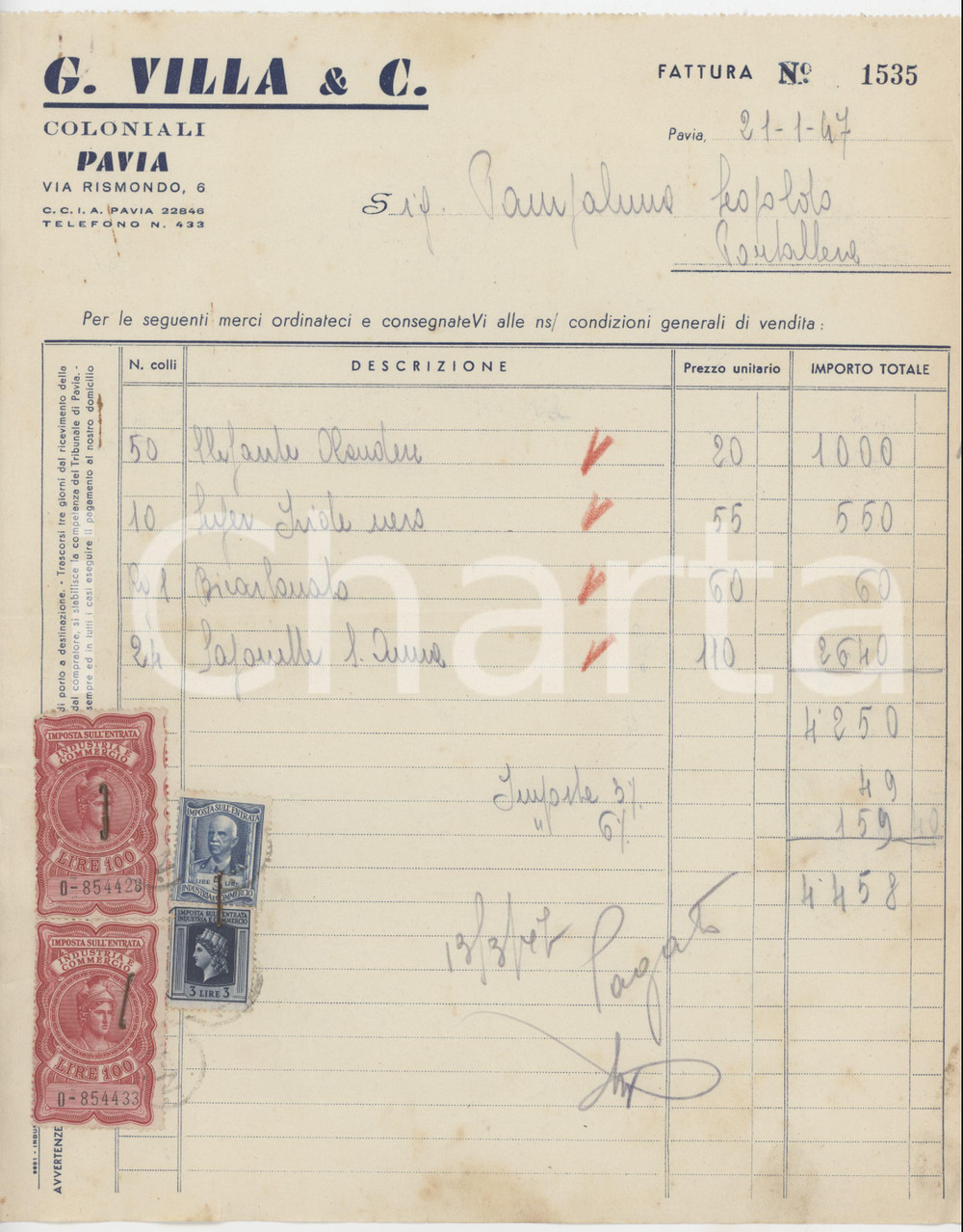 1947 PAVIA Via Rismondo 6 - G. VILLA & C. Coloniali - Fattura commerciale