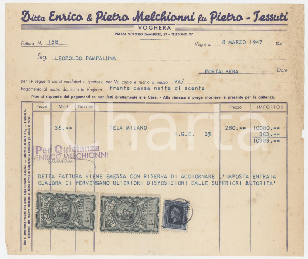 1947 VOGHERA (PV) Ditta Enrico & Pietro MELCHIONNI fu Pietro - Tessuti - Fattura