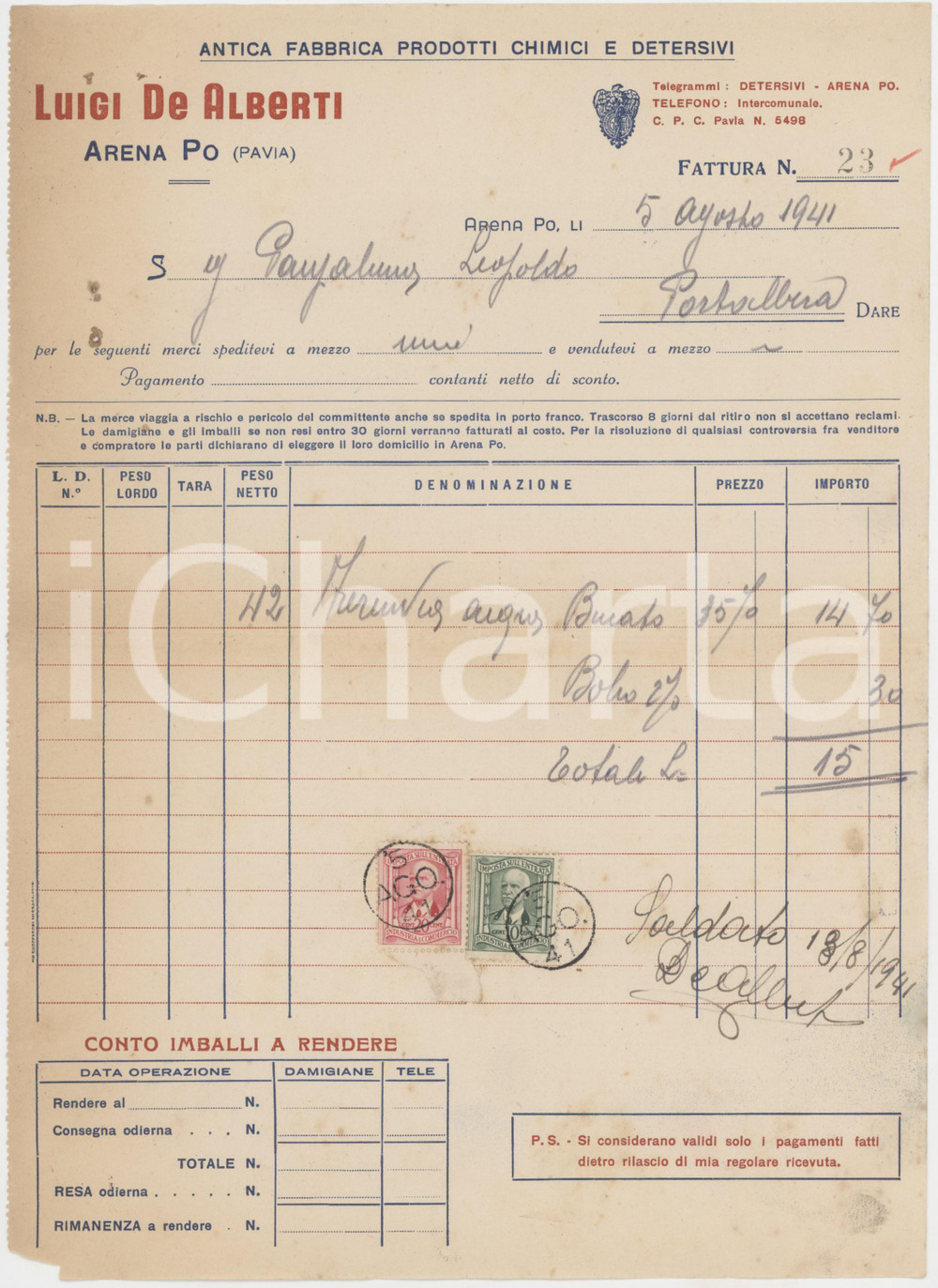 1941 ARENA PO (PV) - Luigi DE ALBERTI Prodotti chimici e detersivi - Fattura