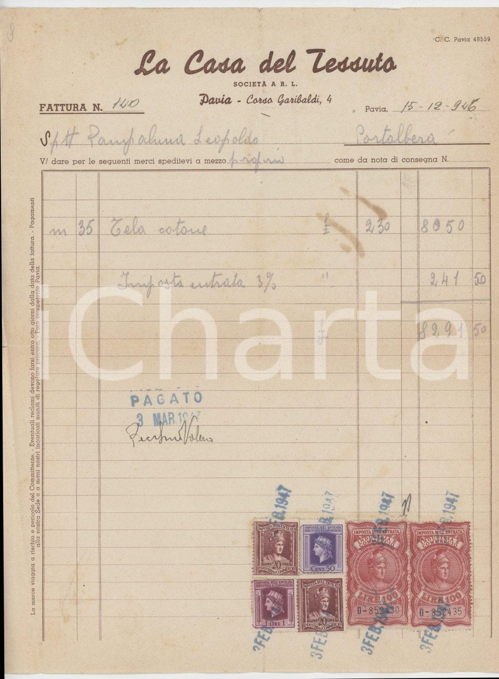 1947 PAVIA Corso Garibaldi 4 - LA CASA DEL TESSUTO - Fattura commerciale