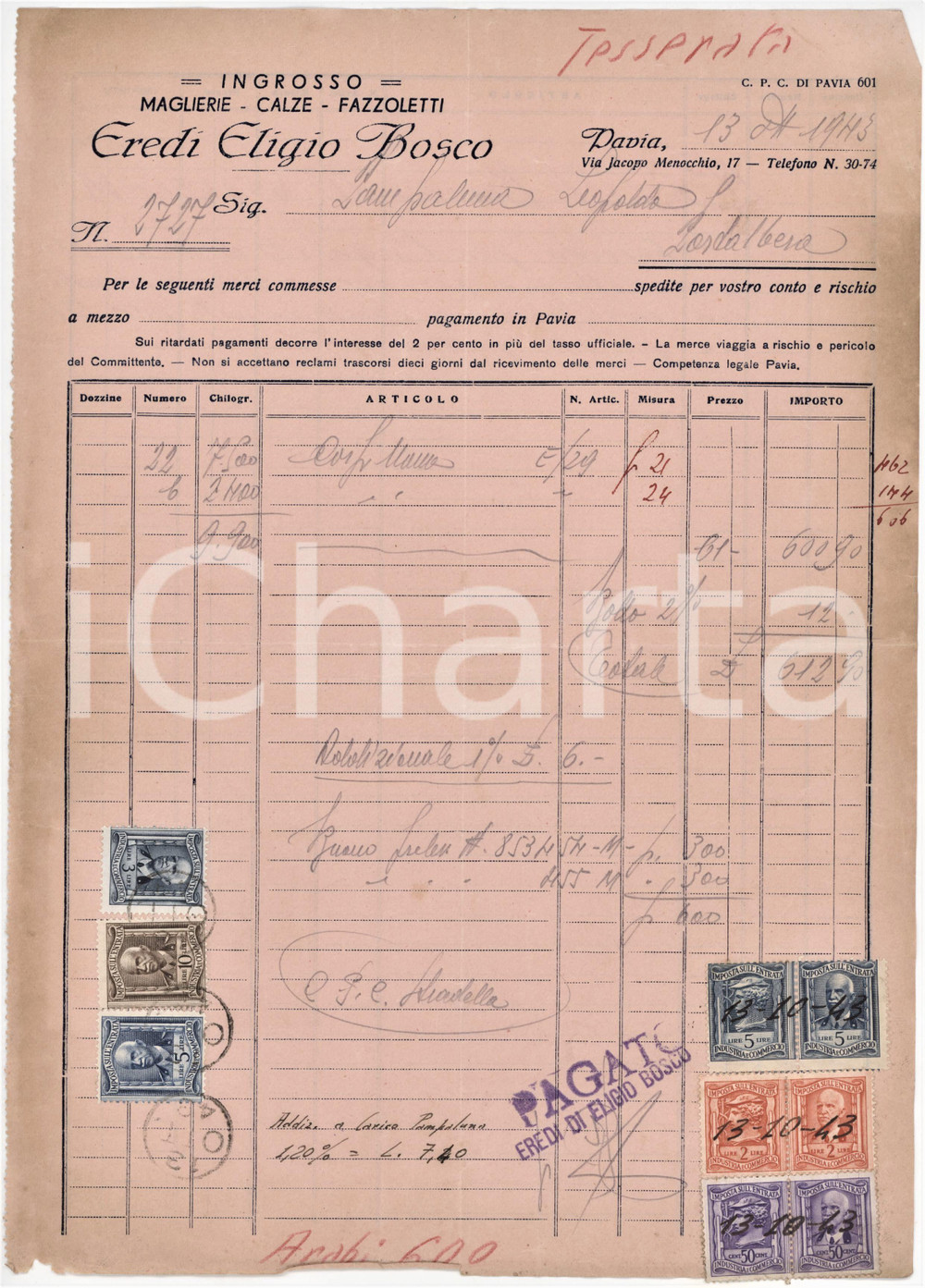 1943 PAVIA Via Jacopo Menocchio 17 Eredi Eligio BOSCO Maglierie Calze - Fattura