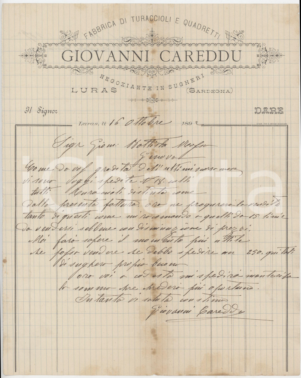 1892 SARDEGNA LURAS (SS) Giovanni CAREDDU negoziante sugheri - Lettera