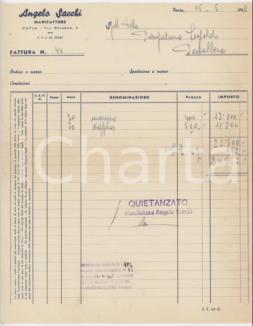 1948 PAVIA Via Trieste 2 - Angelo SACCHI Manifatture - Fattura commerciale