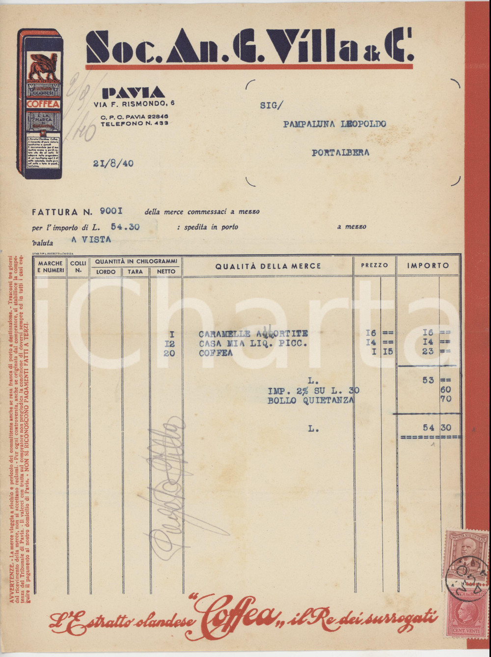 1940 PAVIA Via F. Rismondo - Soc. An. C. VILLA & C. Estratto COFFEA *Fattura (2)