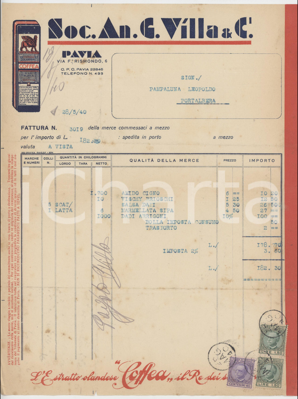 1940 PAVIA Via F. Rismondo - Soc. An. C. VILLA & C. Estratto COFFEA *Fattura (1)