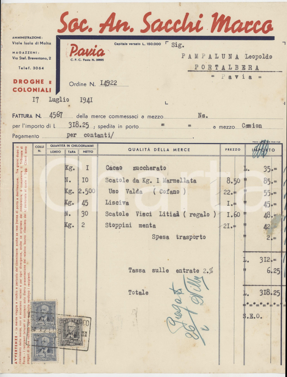 1941 PAVIA Viale Isola di Malta - Soc. An. Marco SACCHI Droghe - Fattura (2)