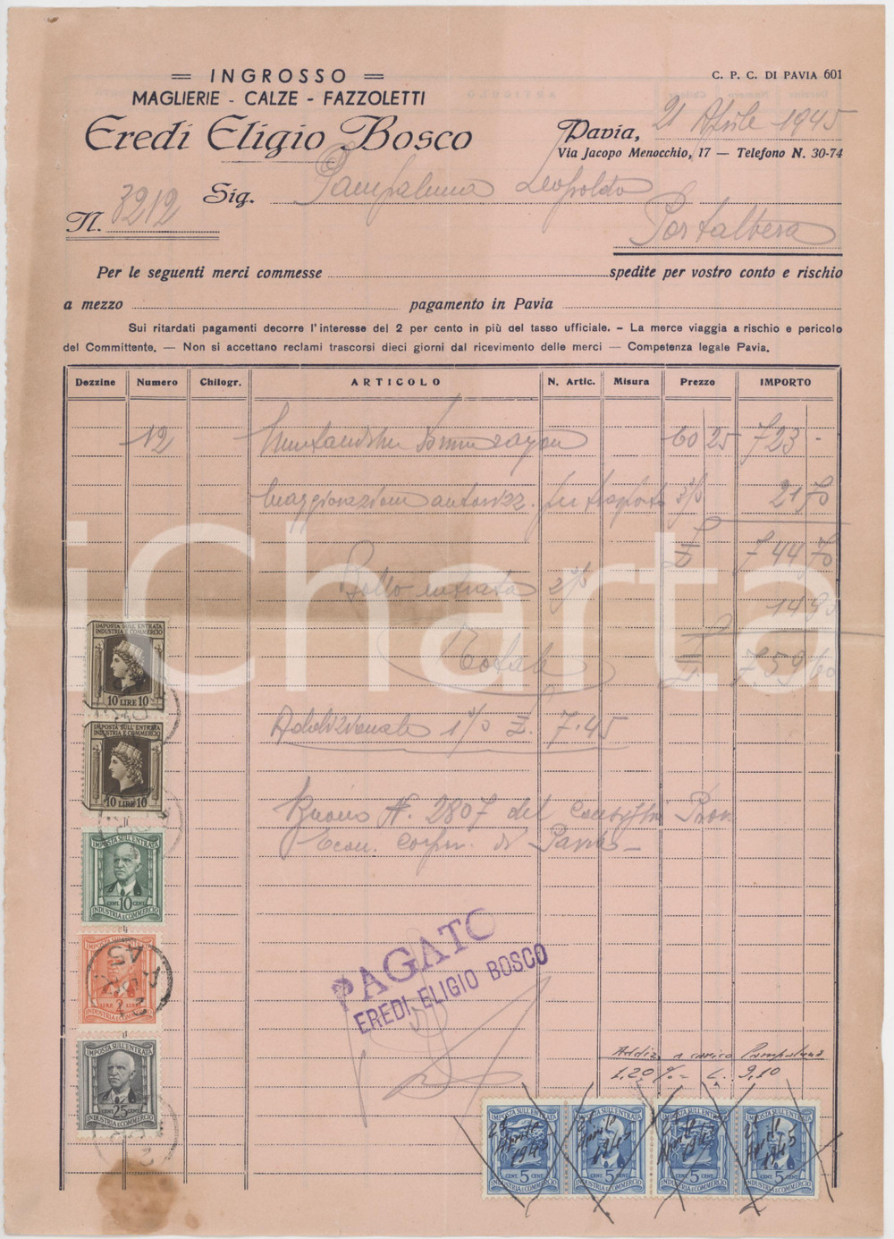 1945 PAVIA Via Jacopo Menocchio 17 Eredi Eligio BOSCO Maglierie Calze - Fattura