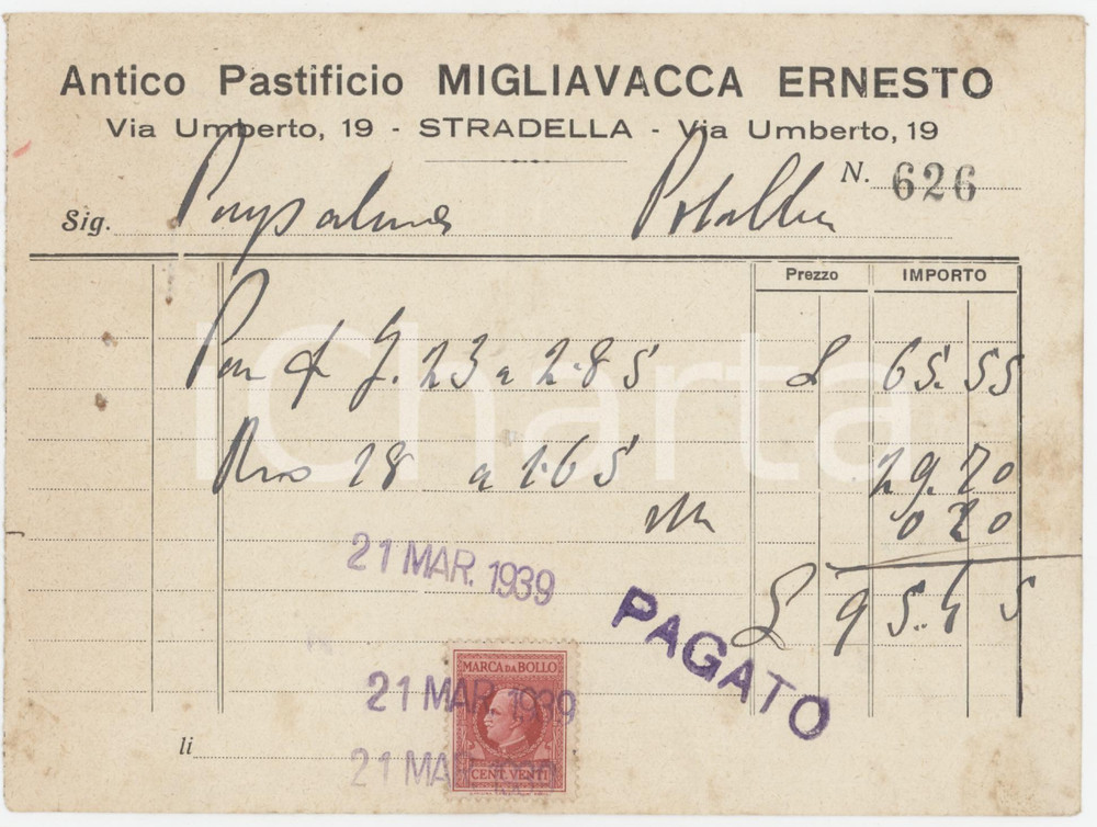 1939 STRADELLA (PV) - Ernesto MIGLIAVACCA Antico pastificio - Fattura