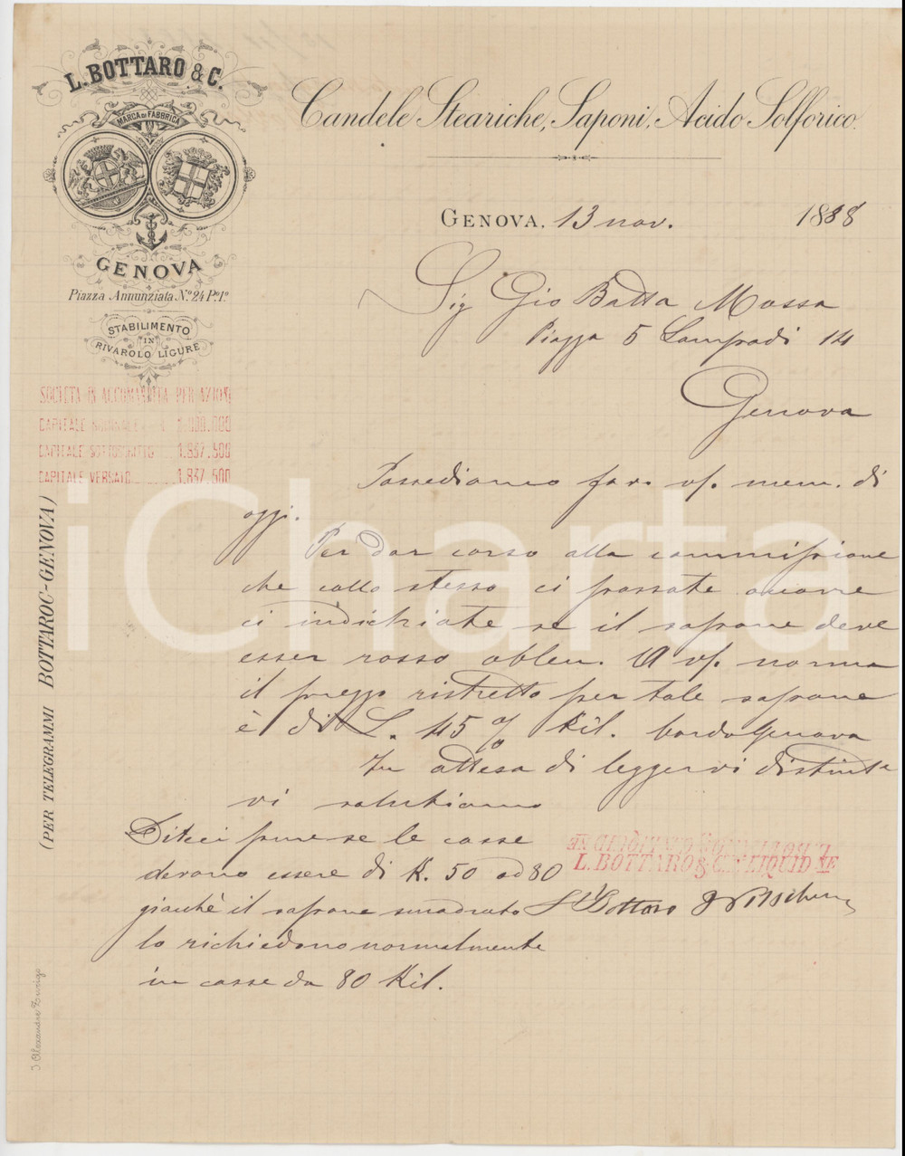 1888 GENOVA Piazza Annunziata 24 - Ditta L. BOTTARO - Lettera per vendita sapone