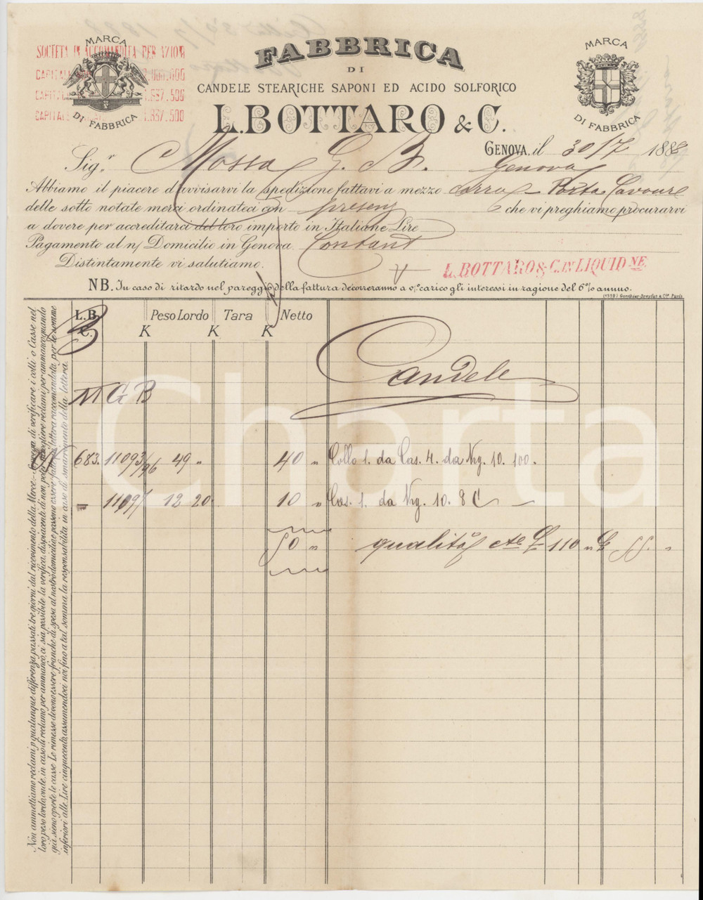 1888 GENOVA - L. BOTTARO & C. Fabbrica di candele steariche Saponi - Fattura