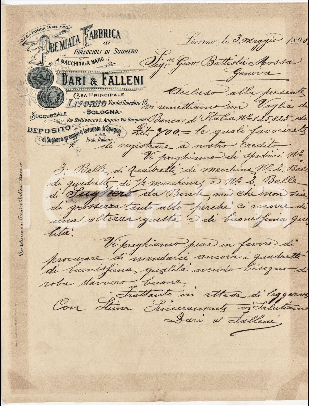 1898 LIVORNO - DARI & FALLENI Fabbrica Turaccioli - Lettera per balle sughero