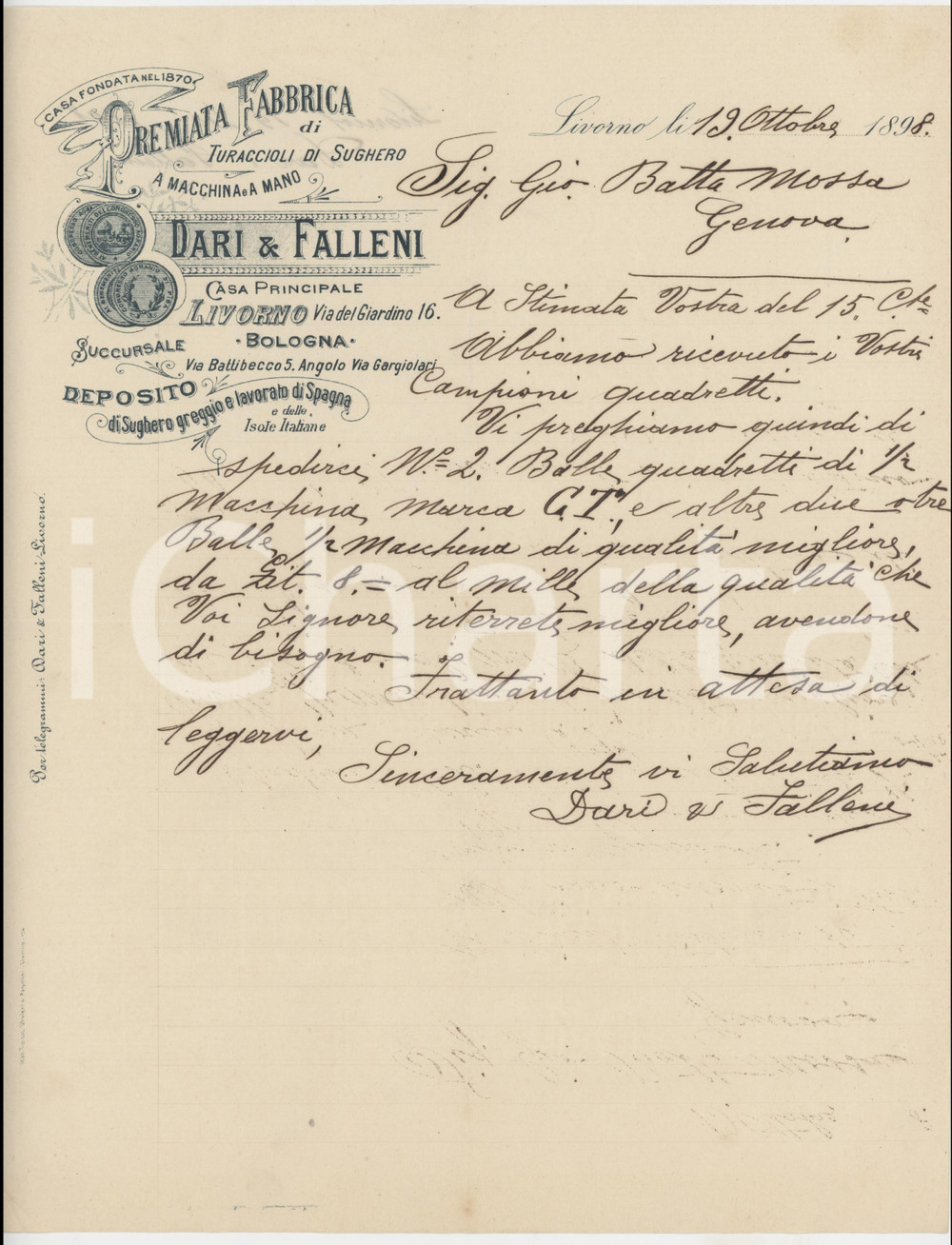 1898 LIVORNO - DARI & FALLENI Fabbrica Turaccioli - Lettera quadretti sughero
