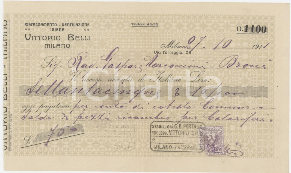 1911 MILANO Via Correggio - Vittorio BELLI Riscaldamento Ventilazione *Ricevuta