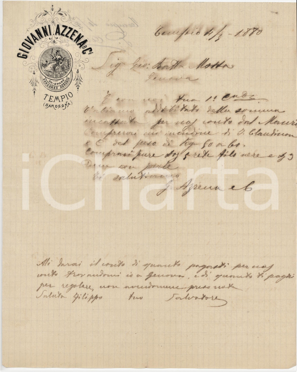 1880 SARDEGNA TEMPIO PAUSANIA - Giovanni AZZENA - Lettera commerciale