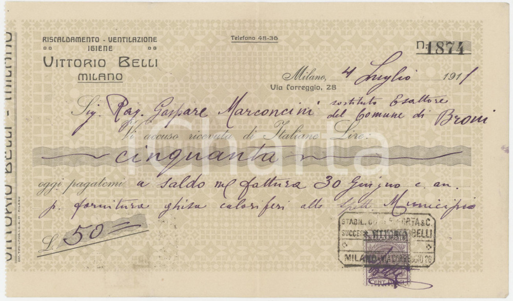 1911 MILANO Via Correggio - Vittorio BELLI Riscaldamento Ventilazione - Ricevuta