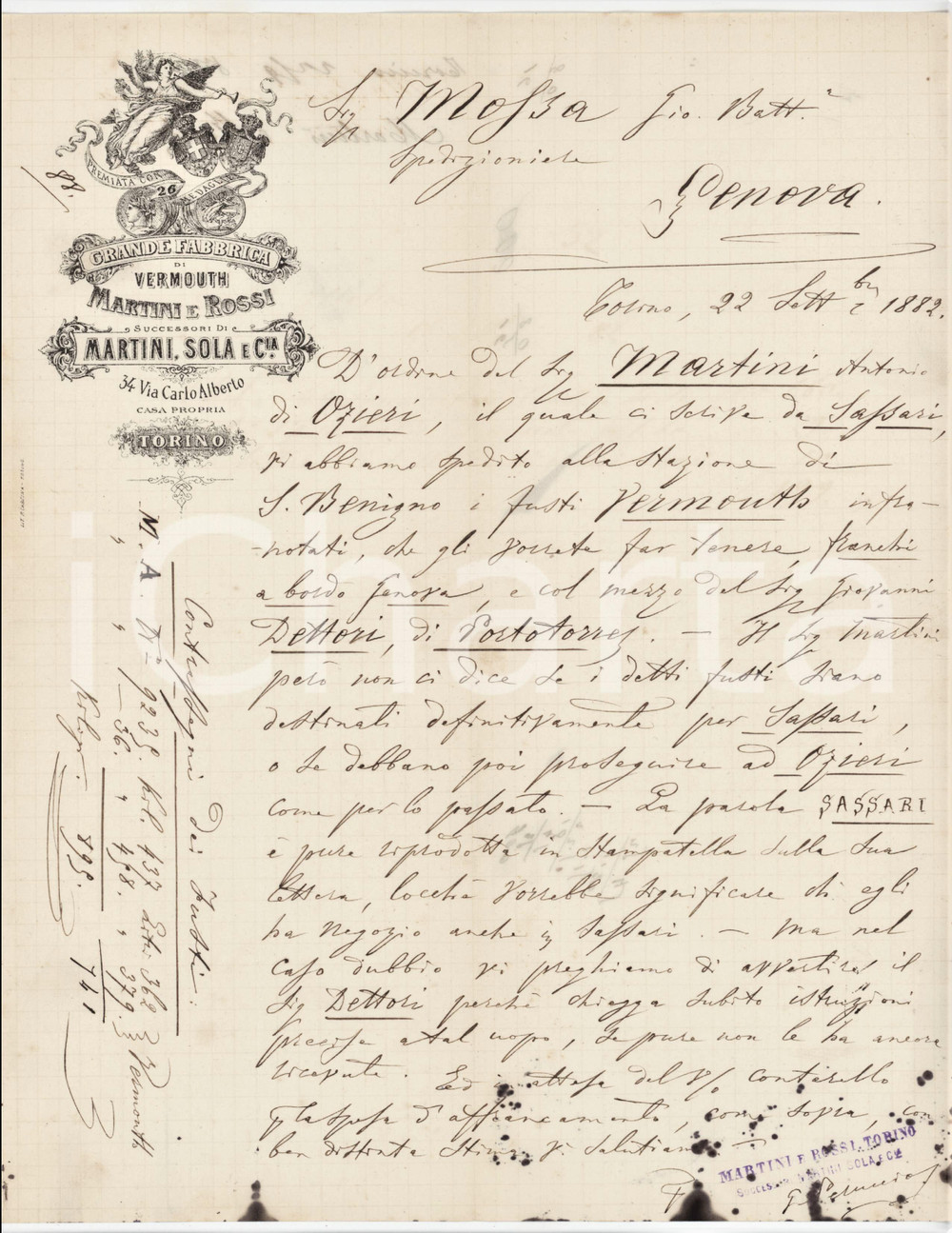 1882 TORINO Fabbrica vermouth MARTINI & ROSSI - Lettera vendita a Sassari