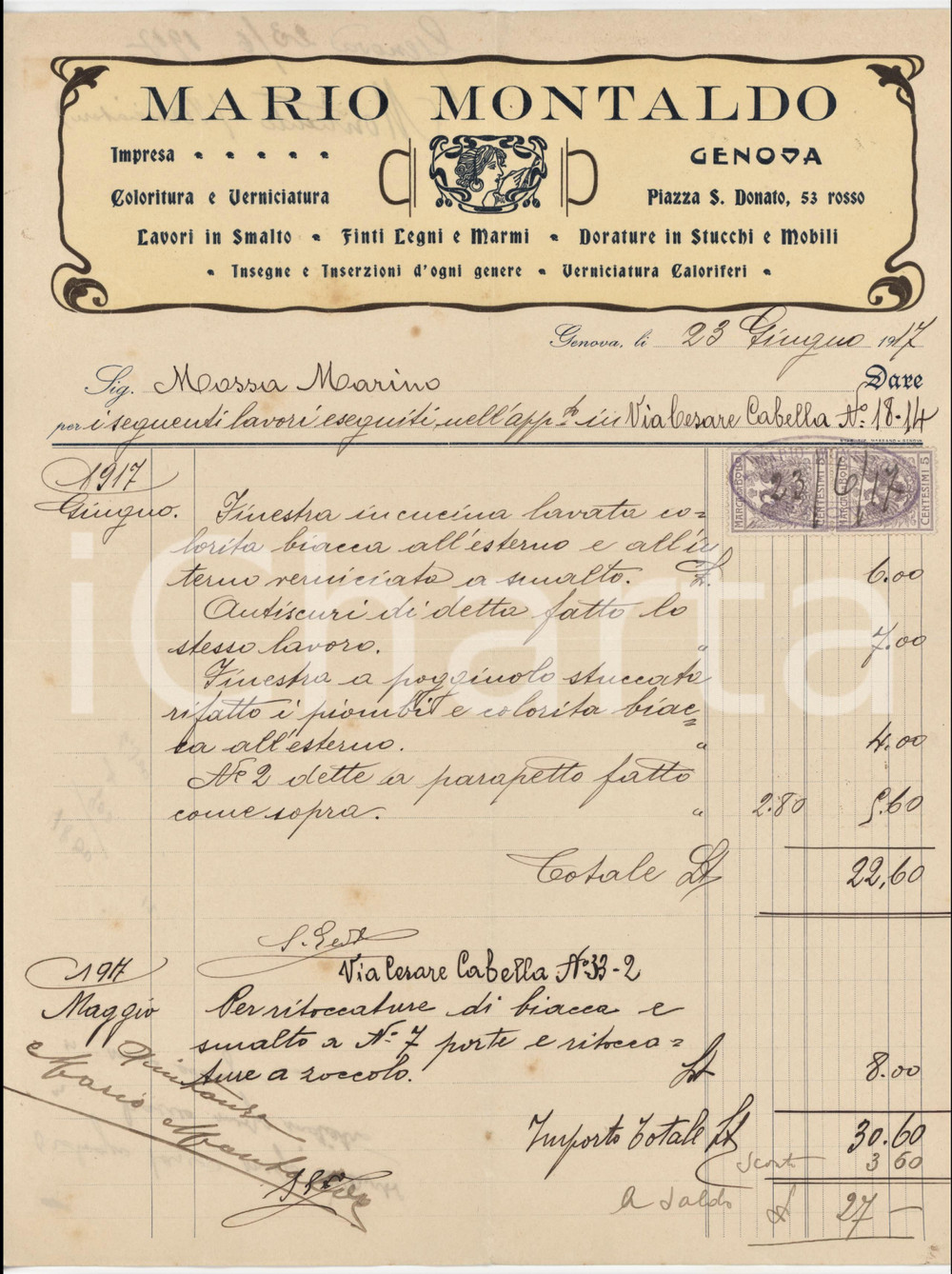 1917 GENOVA P.zza S. Donato - Mario MONTALDO Coloritura e verniciatura - Fattura